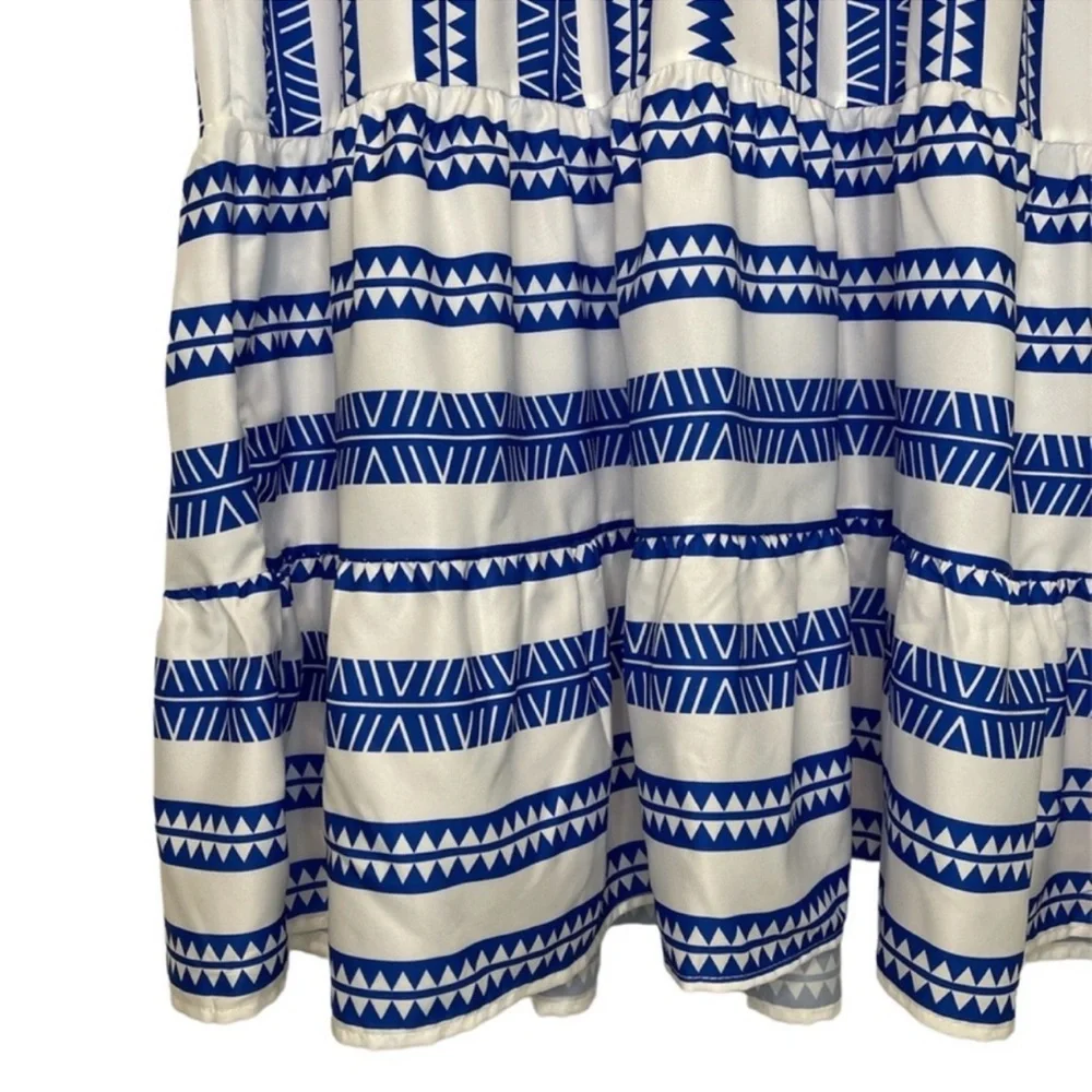 Baby Doll Mini Dress Geometric V-Neck Striped Blue & White Women’s Size Large - Picture 9 of 14